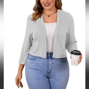 Tory Burch| Gray open front cardigan, slightly cropped with Knit eyelet detail•